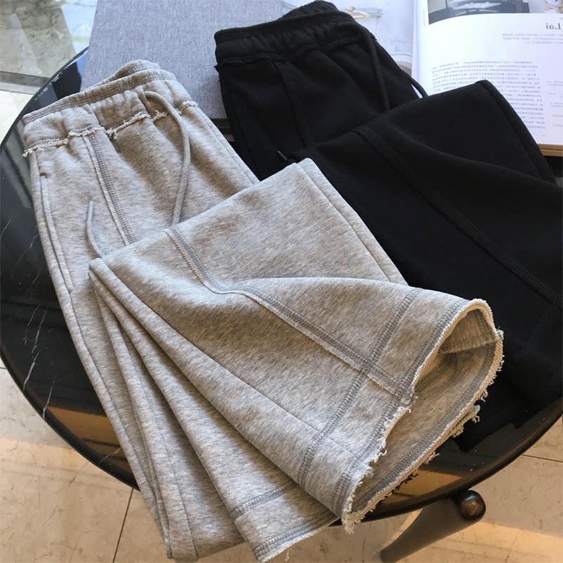 【现货】灰色明线松紧腰直筒卫裤女2026秋季运动风小个子拖地长裤