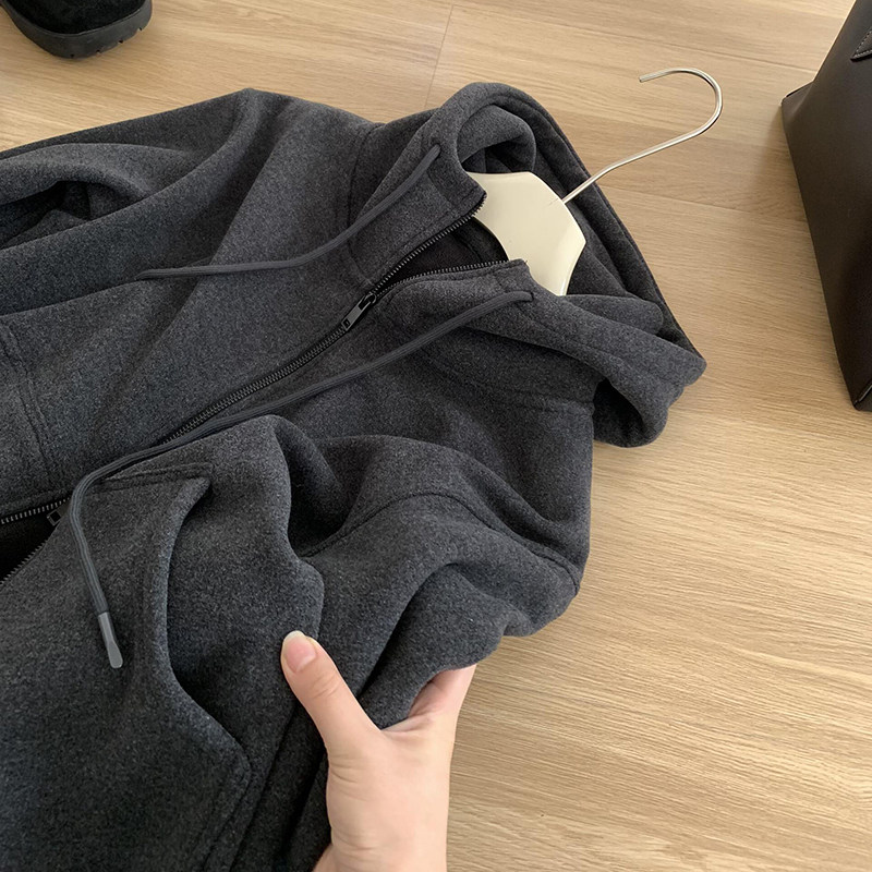闭眼入系列！深灰色连帽拉链加绒卫衣开衫冬季加厚保暖高质量外套