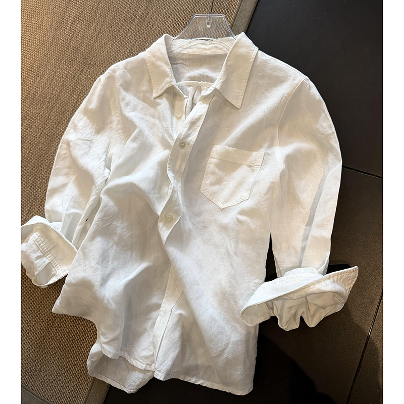 白色棉麻混纺翻领排扣衬衫女秋季