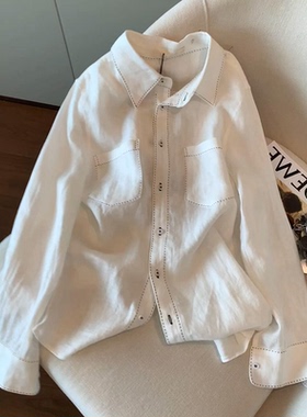现货】老钱风白色丝麻明线翻领单排扣衬衫女秋季慵懒贴袋外套衬衣
