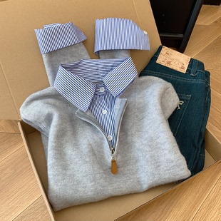 颜值+999！灰色拼条纹衬衫翻领假两件毛衣女冬季新款高质量针织衫