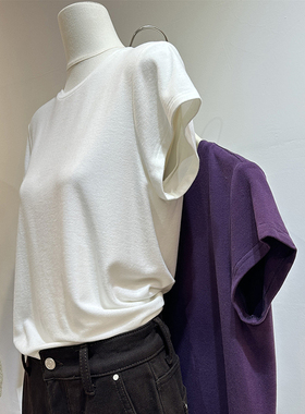 极简风白色圆领磨毛弹力正肩短袖T恤早春新款百搭通勤显瘦打底衫