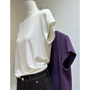 百搭通勤显瘦打底衫 T恤早春新款 极简风白色圆领磨毛弹力正肩短袖