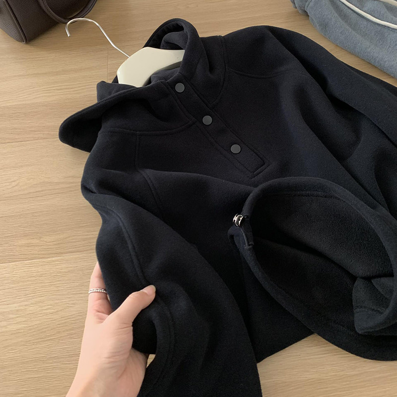 无D推荐系列！气质黑色加绒连帽半开襟卫衣冬季新款叠穿宽松上衣,女装/女士精品,常规大码外套,淘宝优惠券,粉丝福利购,淘宝优惠卷