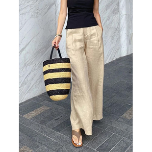【现货！】香槟色亚麻裤子女小个子高腰显瘦阔腿裤宽松垂感直筒裤