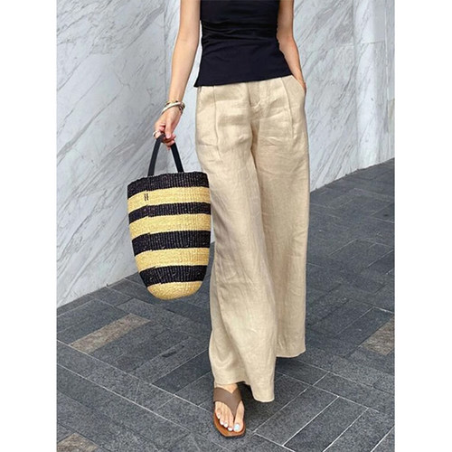 香槟色亚麻裤子女小个子高腰显瘦