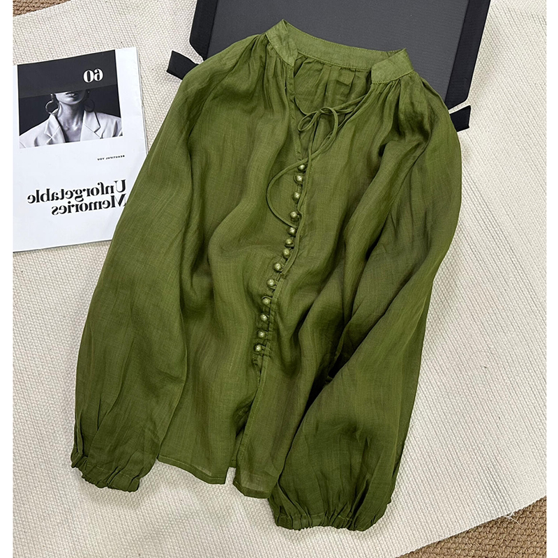 现货】上身一整个惊艳住~2026春夏绿色小立领拼V领衬衫苎麻防晒衫