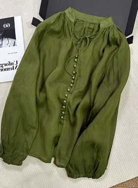 现货】上身一整个惊艳住~2026春夏绿色小立领拼V领衬衫苎麻防晒衫