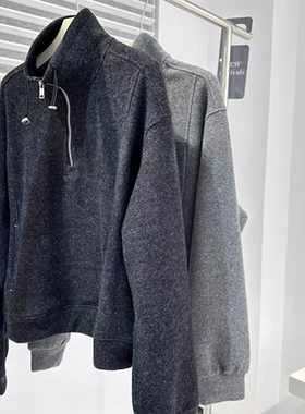 现货】版型嘎嘎好看！2026新款灰色仿羊绒半拉链立领抽绳加绒卫衣
