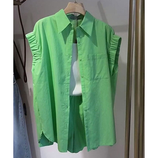 现货】好看到犯规！2026春夏棉麻绿色短袖收口衬衫薄款单排扣上衣