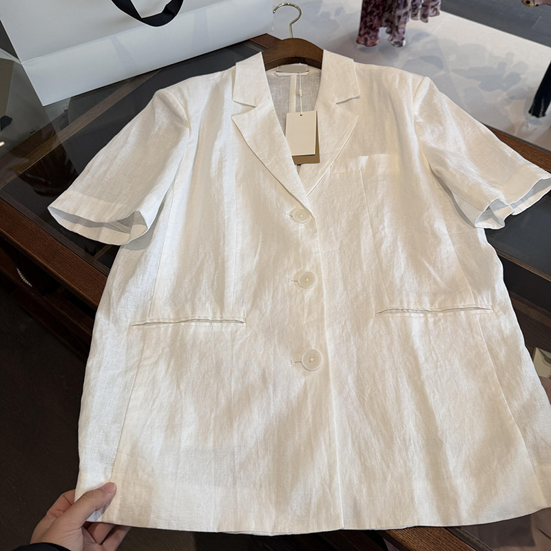 白色翻领单排扣棉麻短袖西服春季