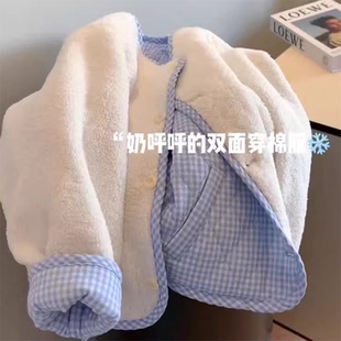 现货】爆款~自留推~2026新款法双面穿蓝色格子羊羔绒排扣外套棉服