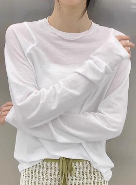 【现货哆哆】白色冰丝上衣女2026春夏宽松长袖面膜t恤女内搭罩衫