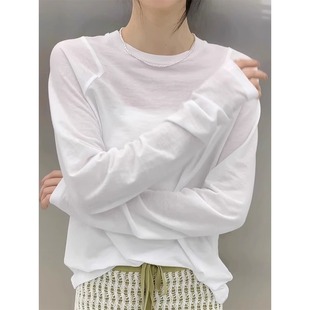 【现货哆哆】白色冰丝上衣女2026春夏宽松长袖面膜t恤女内搭罩衫
