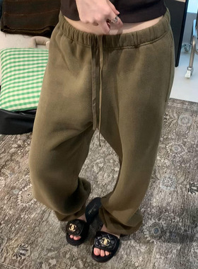 现货】橄榄绿色高腰抽绳休闲垂感直筒卫裤秋季新款慵懒风阔腿长裤