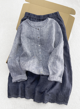 现货】被安利99次！2026春夏花灰色苎麻单排扣衬衫女圆领长袖外套