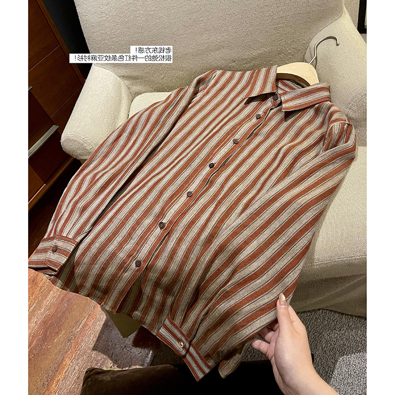 红色竖条纹翻领单排扣衬衫女春季