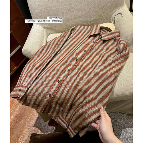 红色竖条纹翻领单排扣衬衫女春季