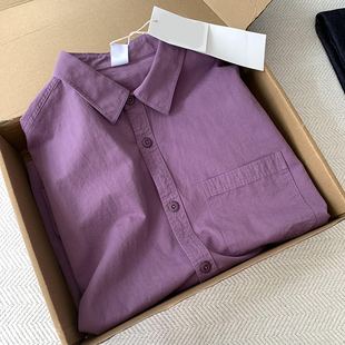 CHAO级穿搭!气质绝美紫色翻领单排扣衬衫春季新款贴袋极简风外套