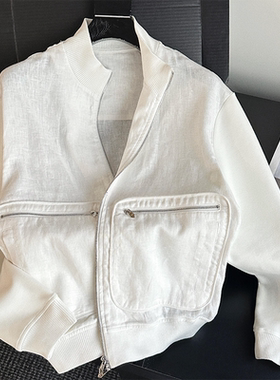 现货】白色麻料立领棒球服拉链外套春季新款工装风棉麻防晒空调衫