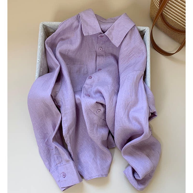 CHAO级推荐！气质紫色翻领单排扣防晒汉麻衬衫春季新款宽松空调衫