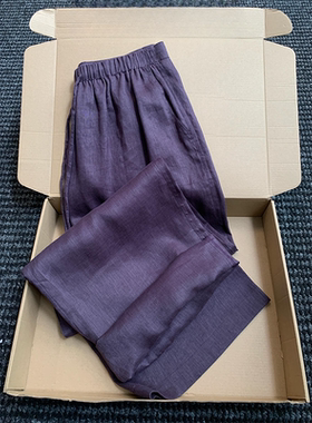 现货】vocal~吸睛率100！2026春夏松紧腰抽绳紫色亚麻阔腿休闲裤