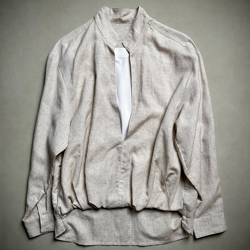 CHAO级推荐！卡其色立领深V开襟亚麻衬衫女春季单穿老钱风空调衫