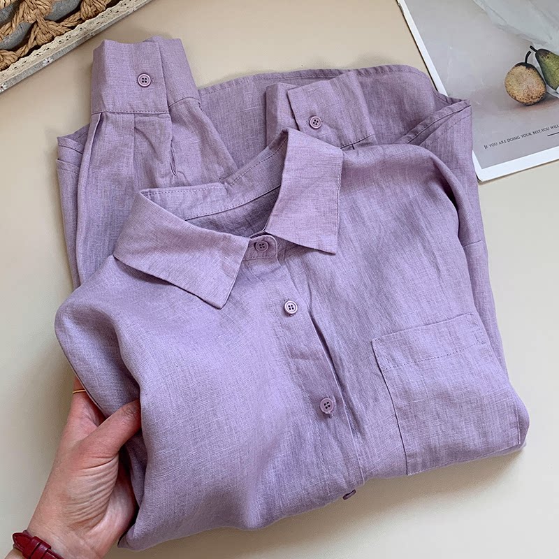 CHAO级穿搭!韩系紫色汉麻翻领单排扣衬衫春季新款单穿棉麻小外套