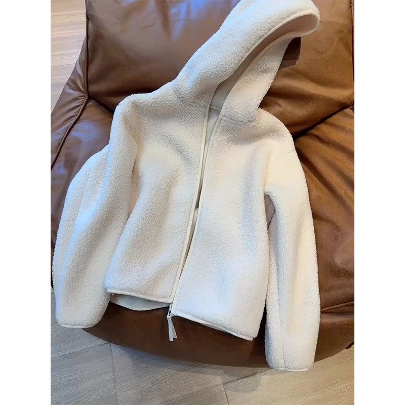 现货】版型无Di！2026新款经典连帽拉链米白色卫衣气质摇粒绒外套