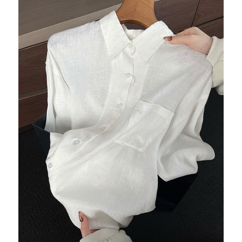 极简风亚麻单口袋白色衬衫女春季