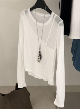 现货】白色假两件微透不规则韩系T恤女秋季微弹修身百搭打底小衫