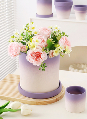 渐变紫色花盆陶盆蝴蝶兰高级感轻奢家用陶瓷花盆虎皮兰花盆带托盘