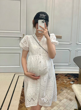 孕妇连衣裙高级感V领镂空蕾丝裙