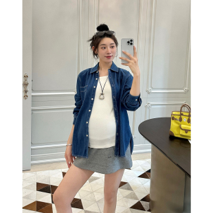 LeoMami孕妇装春夏季水洗柔软牛仔衬衫外套复古时髦叠穿休闲开衫