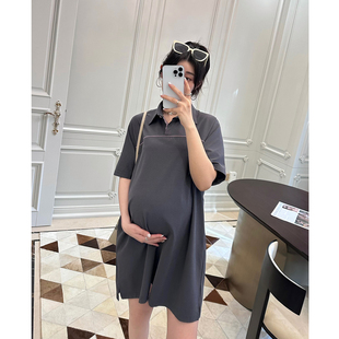 LeoMami孕妇装夏款直筒显瘦POLO领连衣裙薄款通勤宽松遮肚子裙子