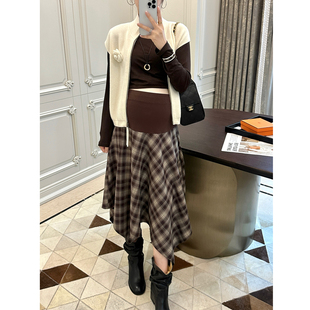 美式 秋款 孕妇装 复古格子半身裙气质垂感不规则a字半裙 LeoMami