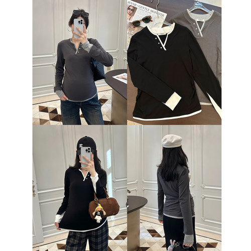 孕妇装秋莱卡棉撞色V领长袖T恤