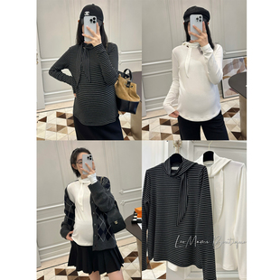 显瘦蝴蝶结飘带打底衫 LeoMami孕妇装 T恤修身 复古条纹长袖 秋冬法式