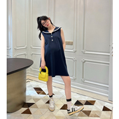 海军领连衣裙纯棉清纯甜美气质减龄A字裙子 无袖 LeoMami孕妇装 夏款