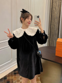 LeoMami高级感孕妇装 复古荷叶领气质小黑裙 秋冬丝绒连衣裙灯笼袖