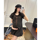 花苞连衣裙格子减龄木耳边短袖 甜美泡泡袖 短裙 夏款 LeoMami孕妇装
