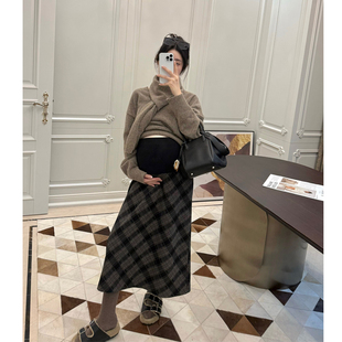 LeoMami孕妇装 秋冬复古羊毛格子半身裙显瘦气质高腰毛呢A字伞裙