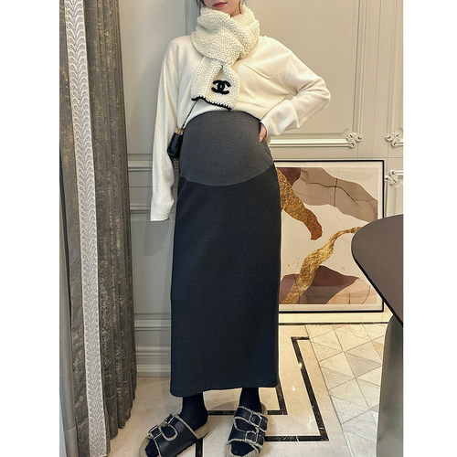 孕妇装秋冬醋酸羊毛半身裙后开叉
