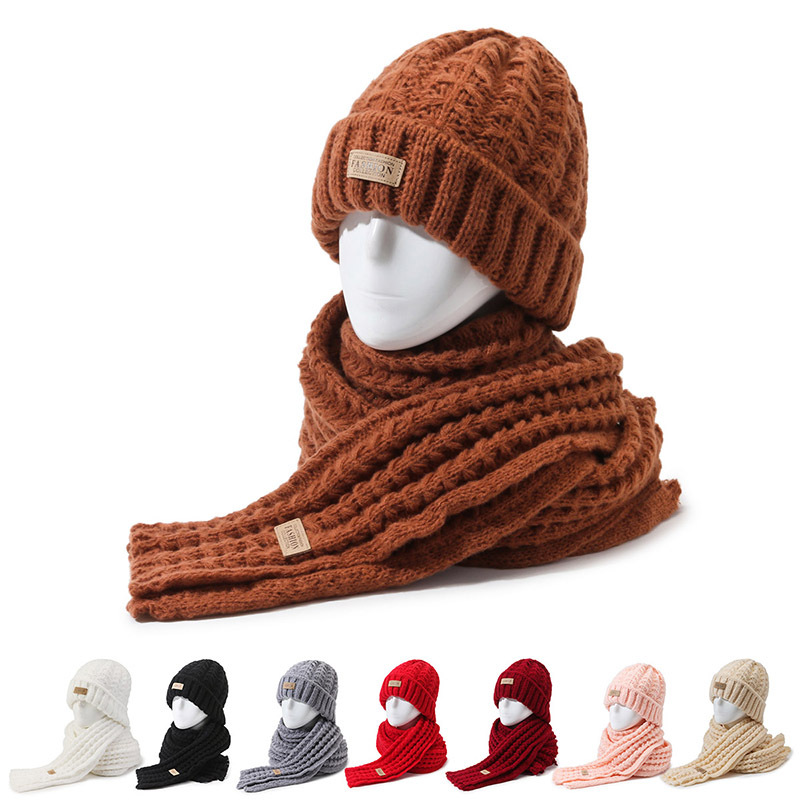 针织毛线帽围巾两件套冬季保暖护耳棉帽韩版学生百搭纯色围脖冷帽