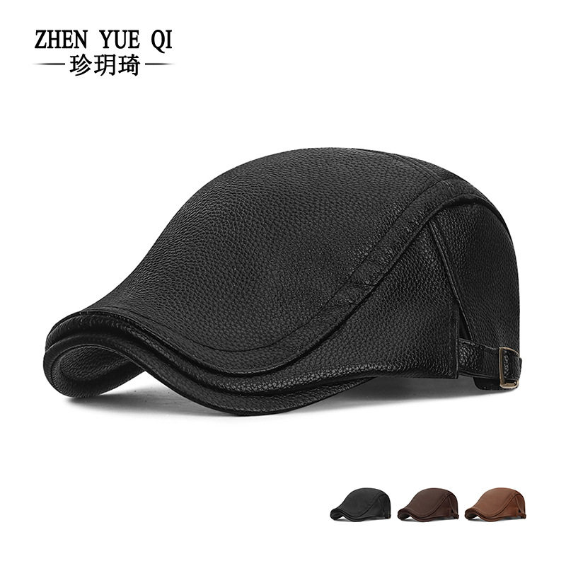 秋冬季PU皮革美式贝雷帽保暖加绒反戴前进帽男荔枝纹皮革鸭舌帽子