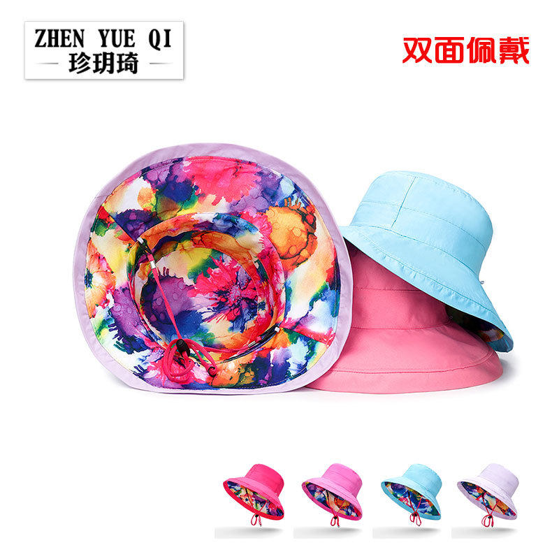春夏季双面遮阳渔夫帽女士出游防晒沙滩盆帽户外可折叠防风绳帽子