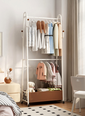 奶油风儿童挂衣架卧室落地可移动大容量简易衣帽架床尾放衣服神器