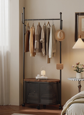 中古风卧室可移动挂衣架多功能衣服收纳架高级感穿衣镜衣帽架一体