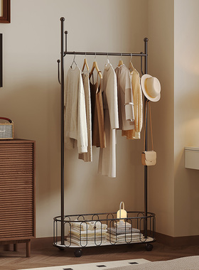 中古风卧室可移动衣帽架铁艺落地式挂衣架家用多功能脏衣篓晾衣架