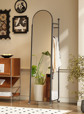 卧室衣帽架穿衣镜一体多功能中古风挂衣架高级感可移动全身试衣镜